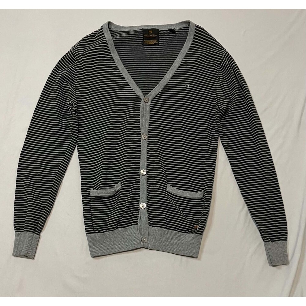 Scotch & Soda Men's Striped Knit Cardigan Sweater Grey Black V-Neck Size Small